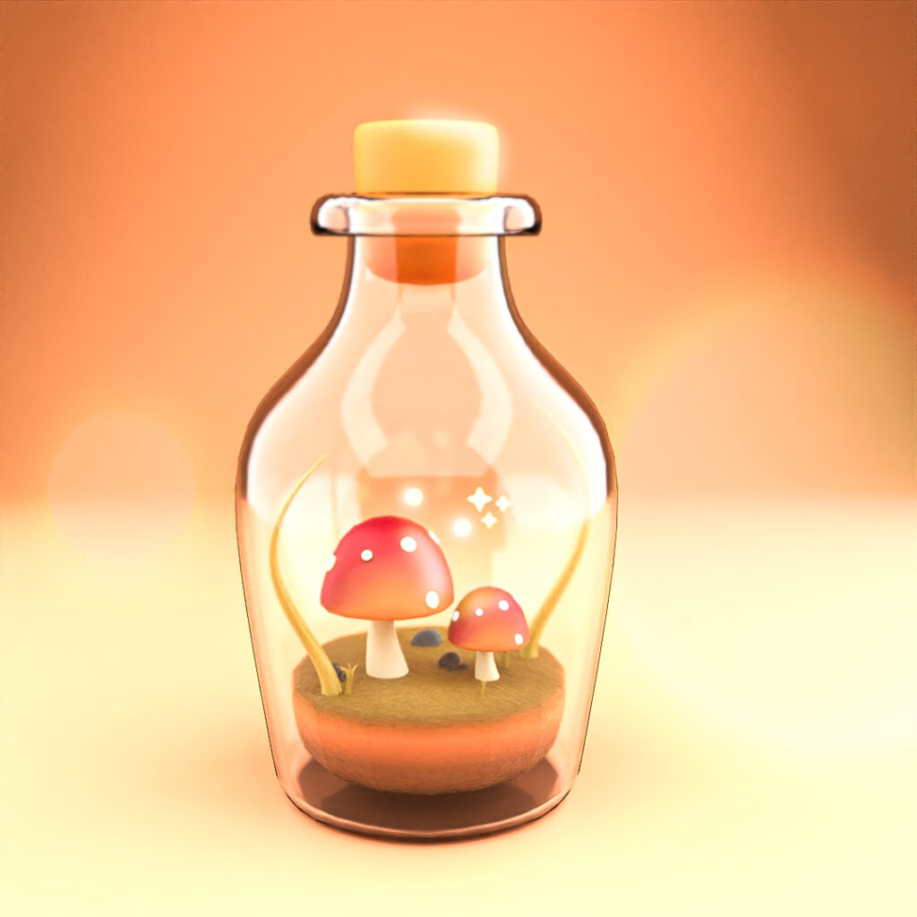 Imagem de um terrario de cogumelos dentro de uma garrafa feita no software 3d Blender